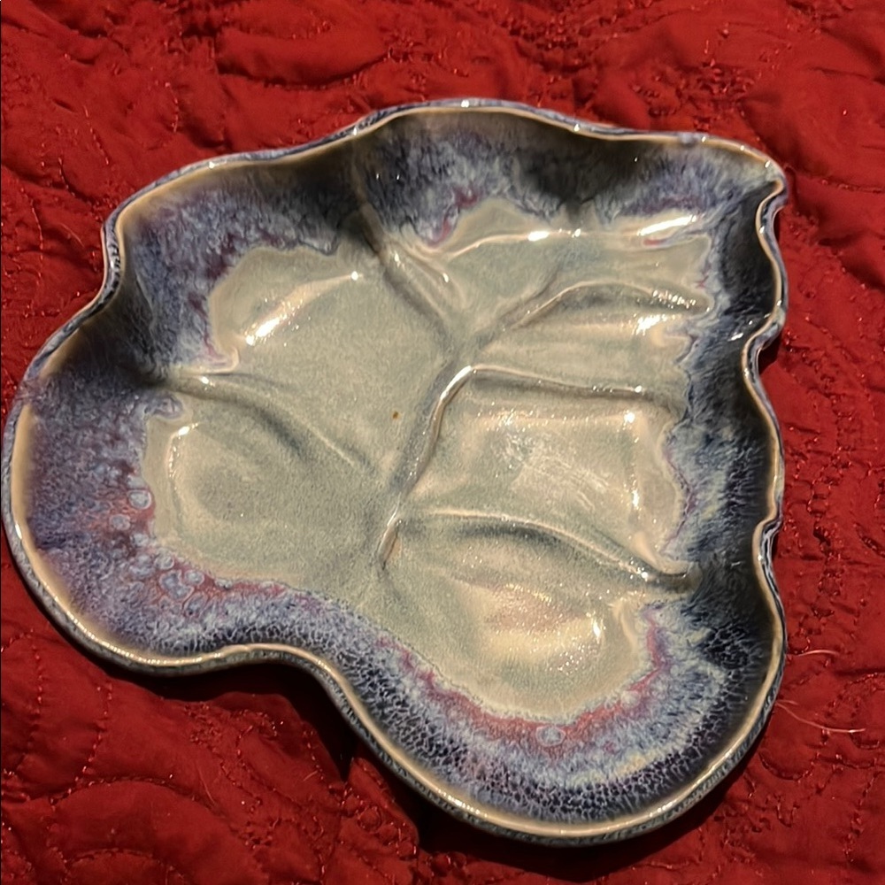 French handmade Purple Blue and Off White Leaf Pottery Possibly Pol